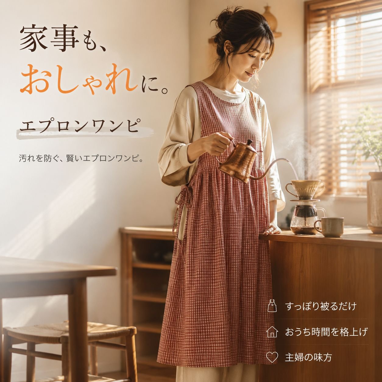 文芸風綿麻チェックワンピース