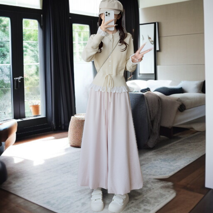 여성 하이웨스트 드롭 팬츠 찹쌀 니트 치마바지 와이드 잔키 하이웨스트 와이드 팬츠 나른 치마바지