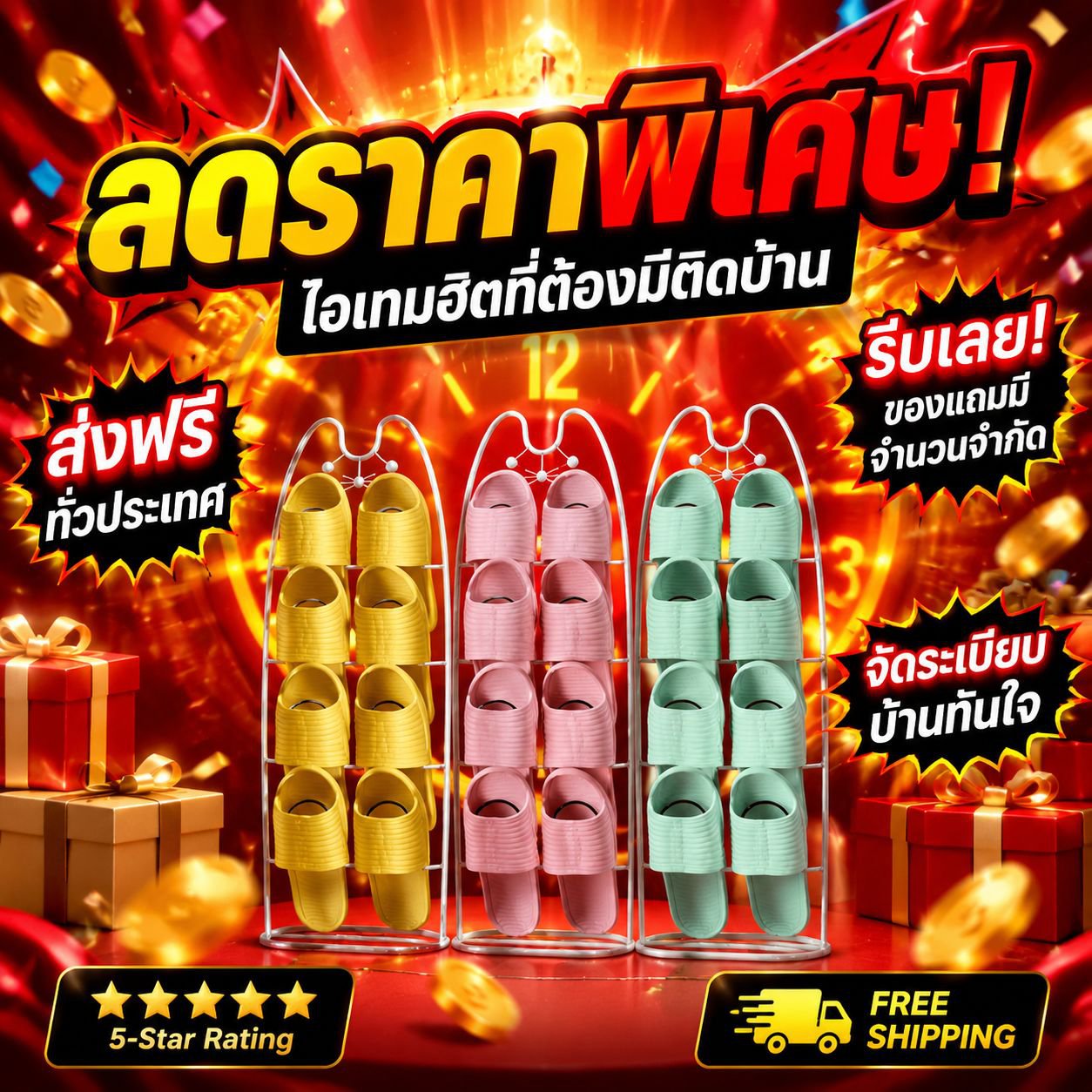 ชั้นวางรองเท้าแตะในบ้าน แบบหลายชั้น ไม่ต้องประกอบ ใช้วางและตากรองเท้า