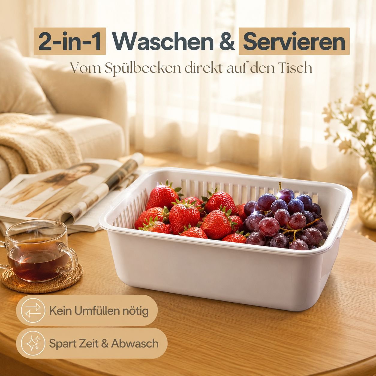 Großer quadratischer Küchenkorb zum Waschen und Abtropfen von Obst und Gemüse