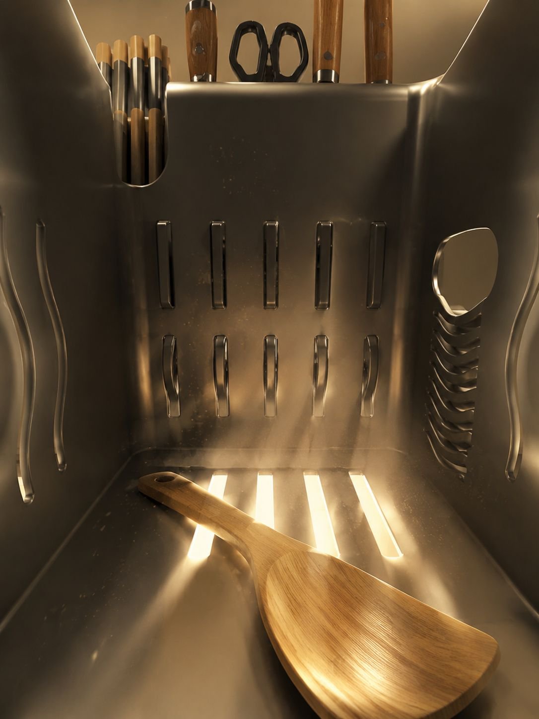 Kitchen accessories neatly organized on hanging rack