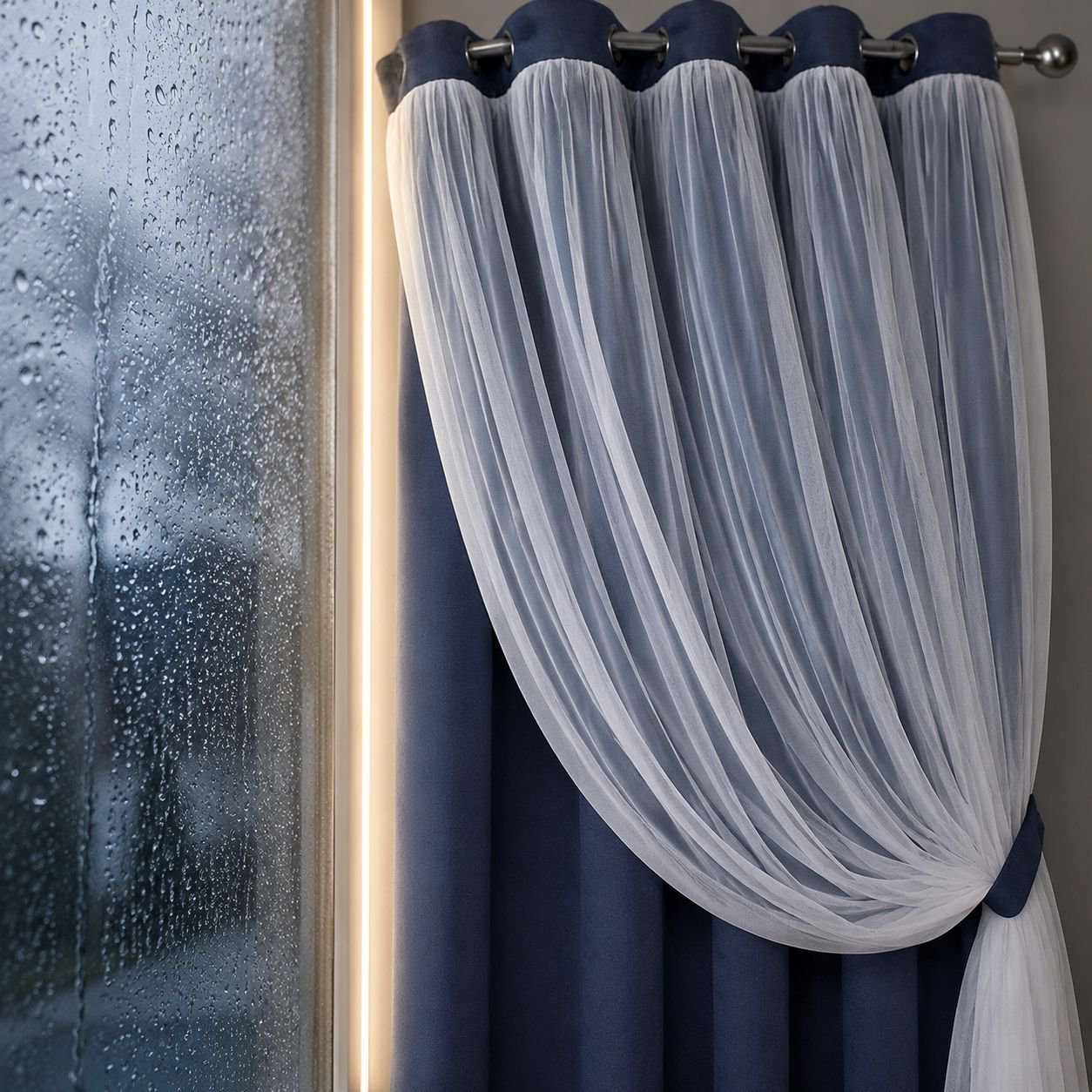 Close-up of lace trim detail on blackout curtain