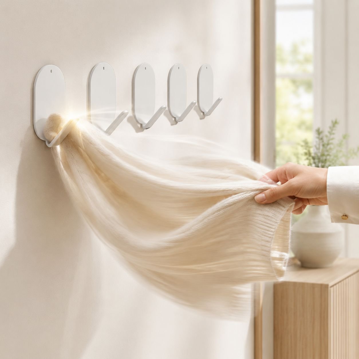 Adhesive wall hooks holding kitchen utensils