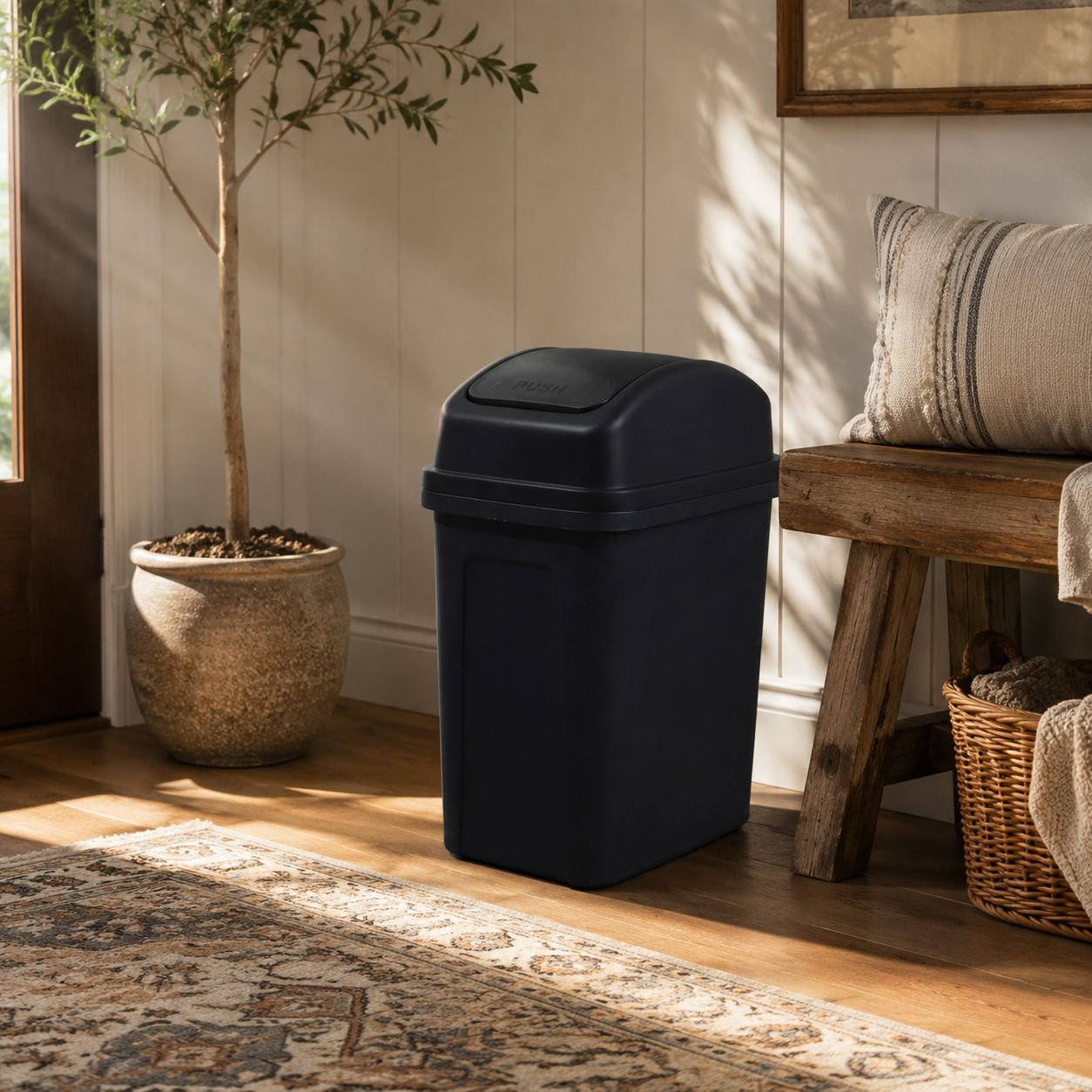User-friendly trash can with stable base and handle