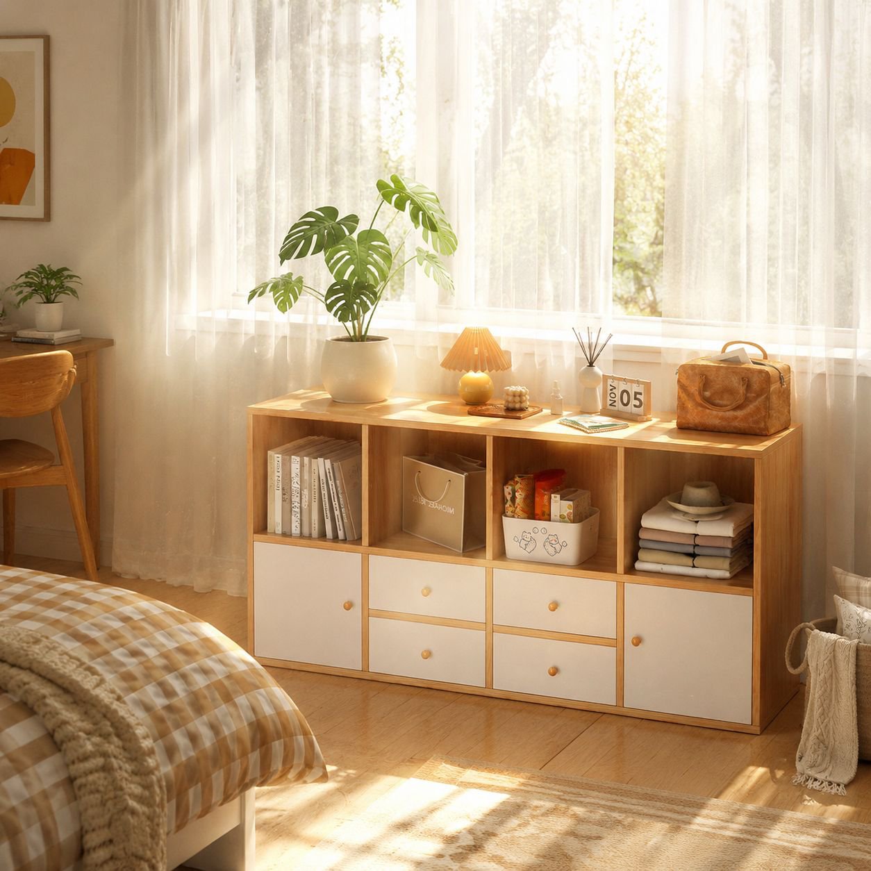 Modern Minimalist Bed End Storage Cabinet Half-surrounded Bedside Cabinet Against the Wall