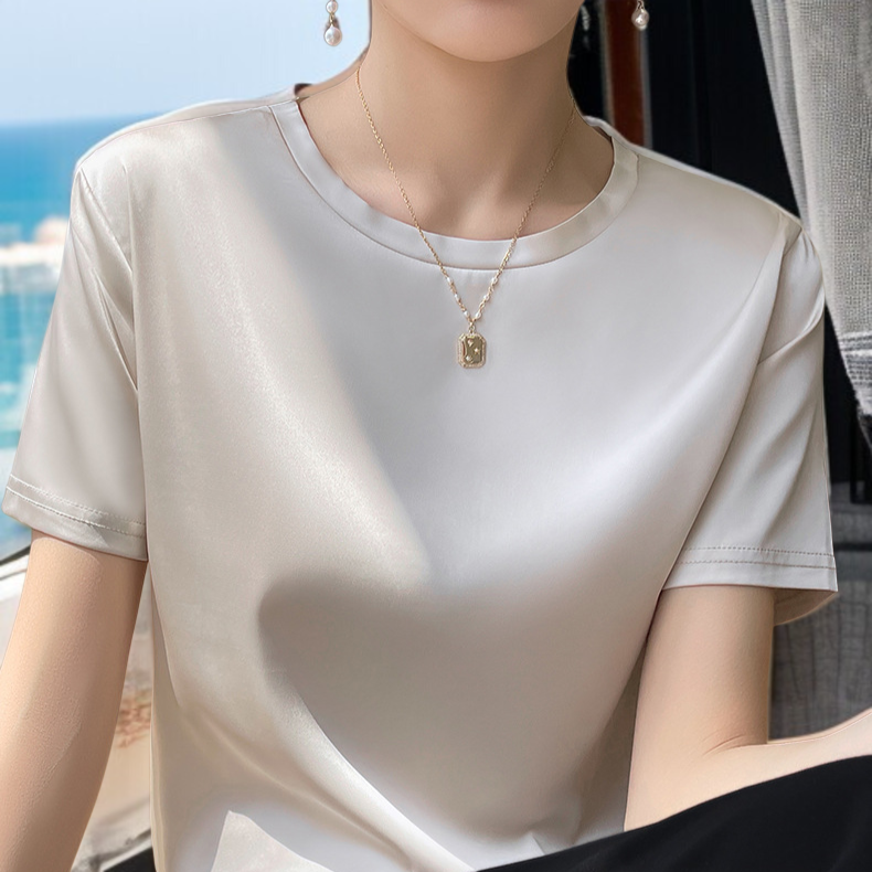 여하 루즈핏 뽕나무 실크 새틴 티셔츠 여 반팔 라운드 반팔 여름 여복 레깅스 아세트산 새틴 티셔츠