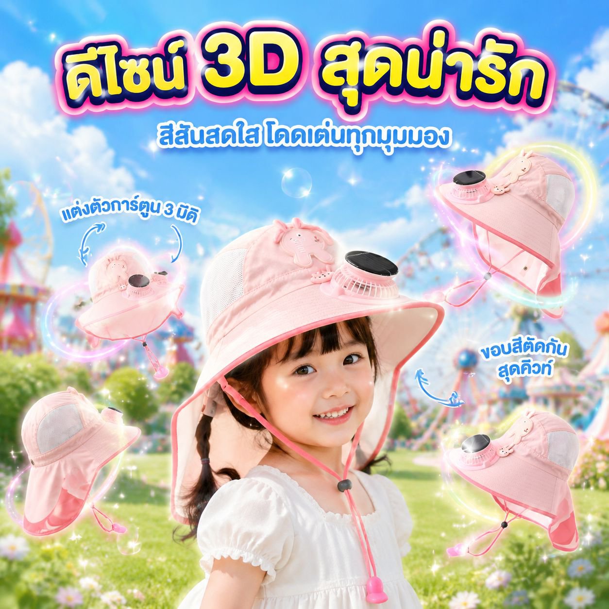 หมวกปีกกว้างตาข่ายระบายอากาศหมวกกันแดดพร้อมพัดลมโซลาร์เซลล์สำหรับเด็ก