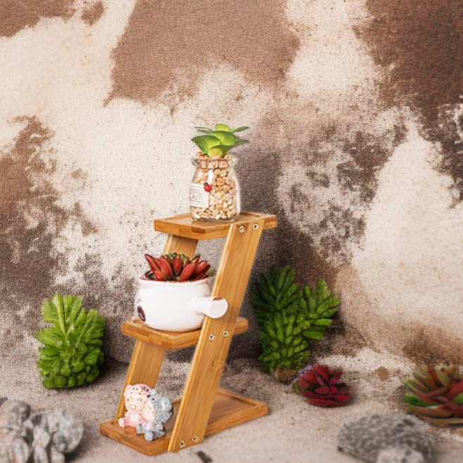 25*10*18cm デスクトップフラワースタンド 小さな植木鉢用植物スタンド 竹製 小さな鉢植え植物に最適