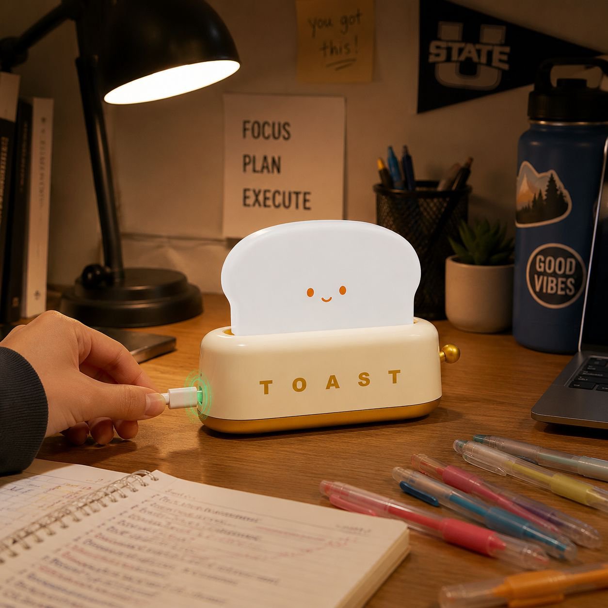 Kawaii toast-shaped bedside lamp glowing at night