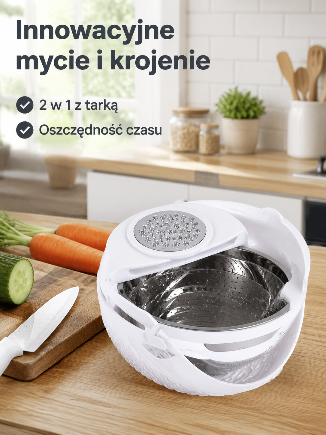 Domowy obrotowy kosz do mycia warzyw z tarką, dwuwarstwowy, ze stali nierdzewnej