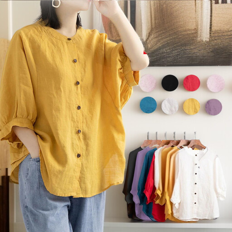 여성 빈티지 벌룬 소매 셔츠 착용 이미지