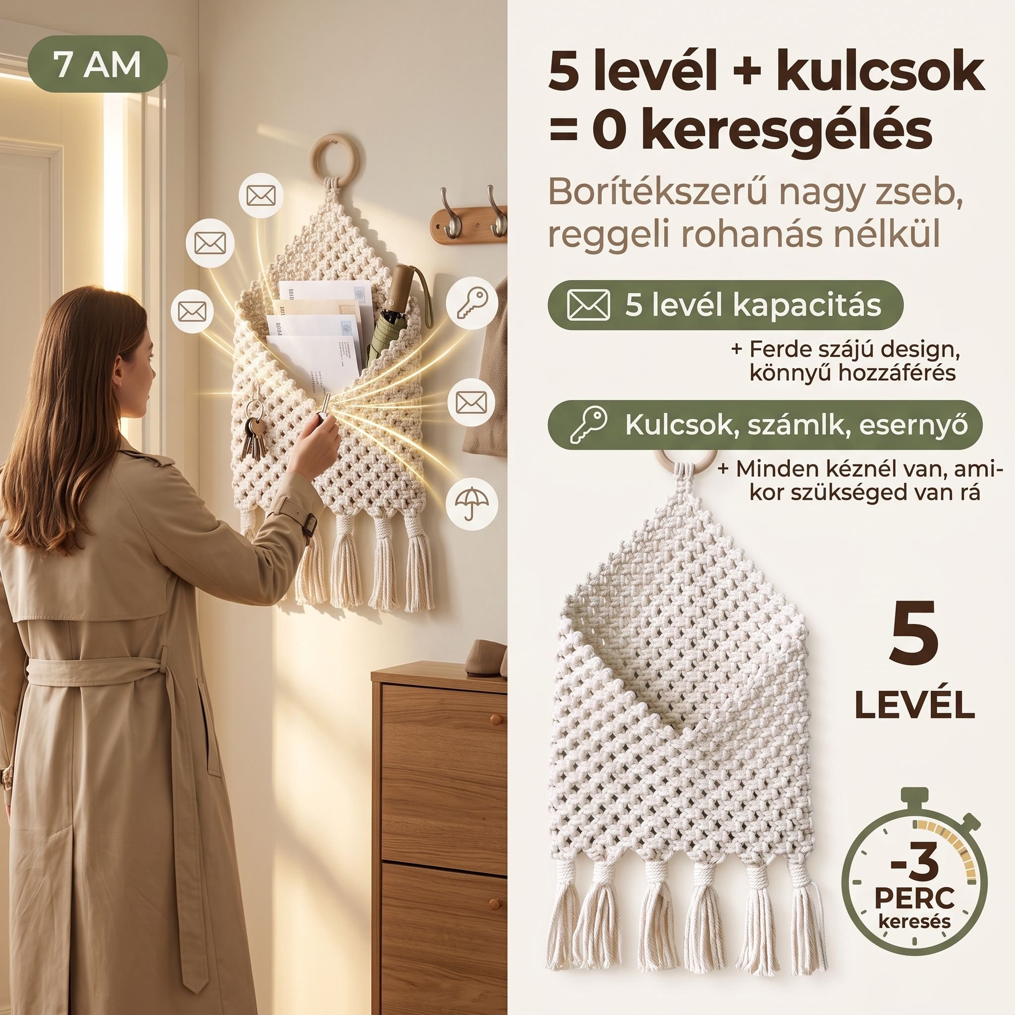 Boho stílusú, kézzel készített fali tároló, hálós kivitelben