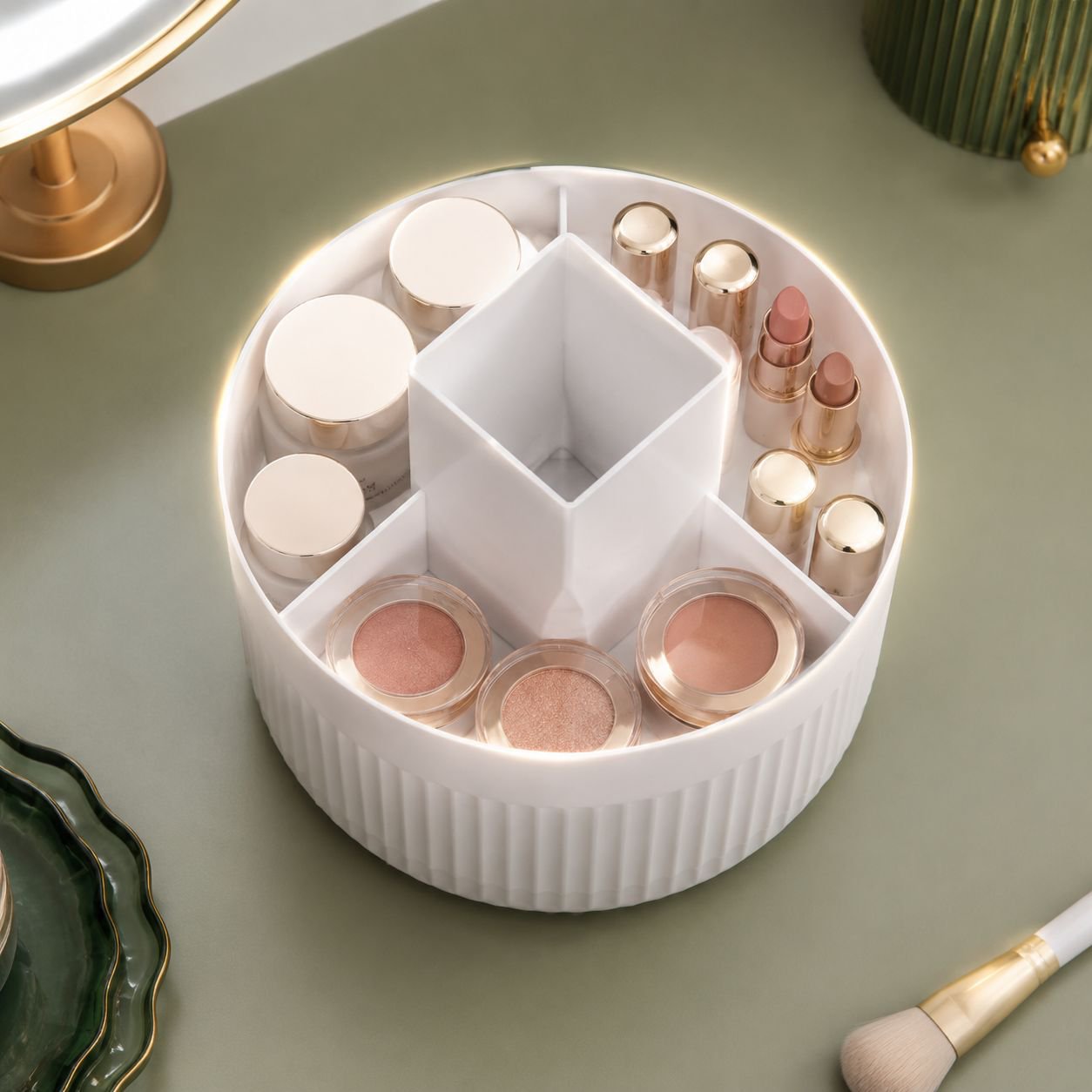 Easy access rotating makeup brush holder