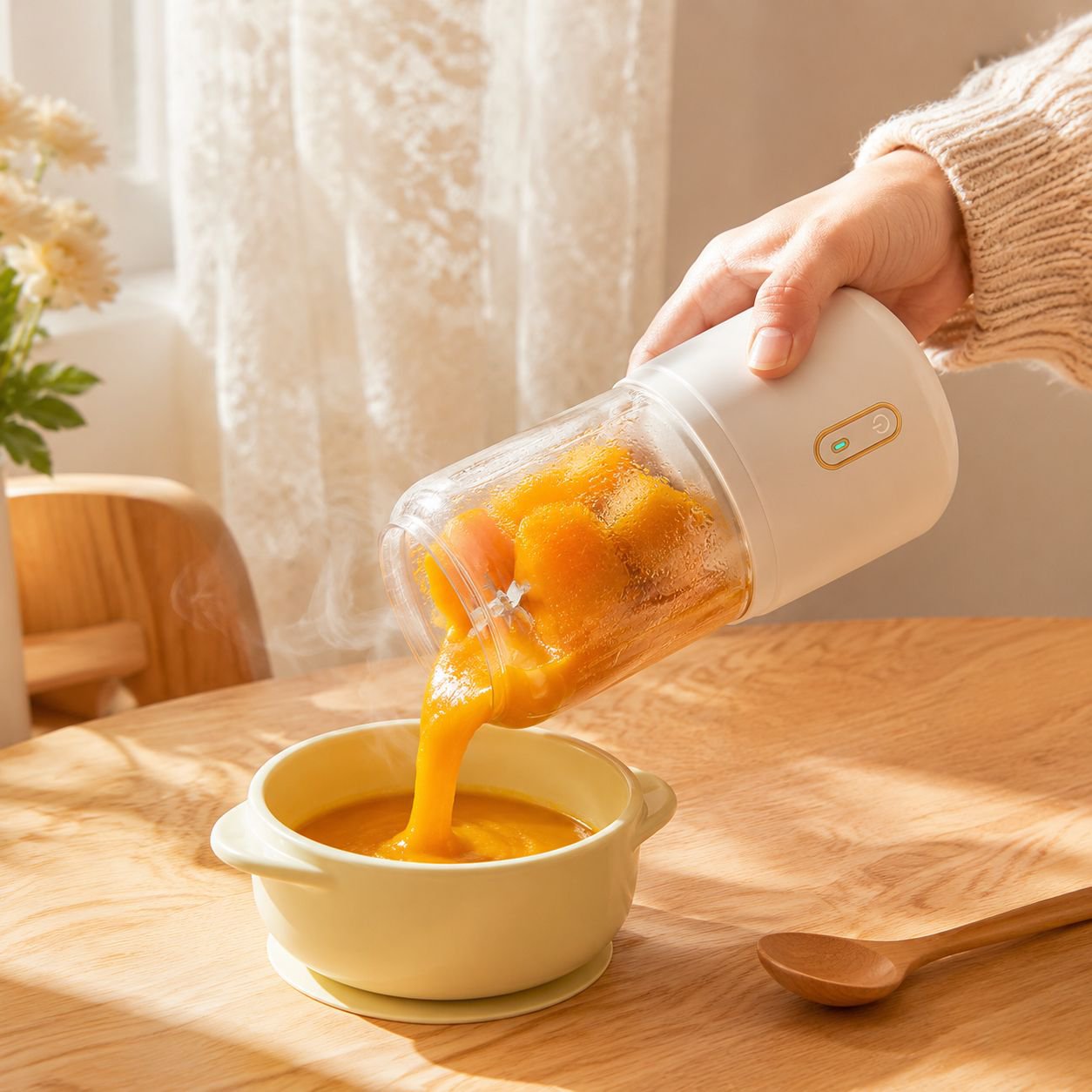 Portable cordless electric mini juicing cup in use