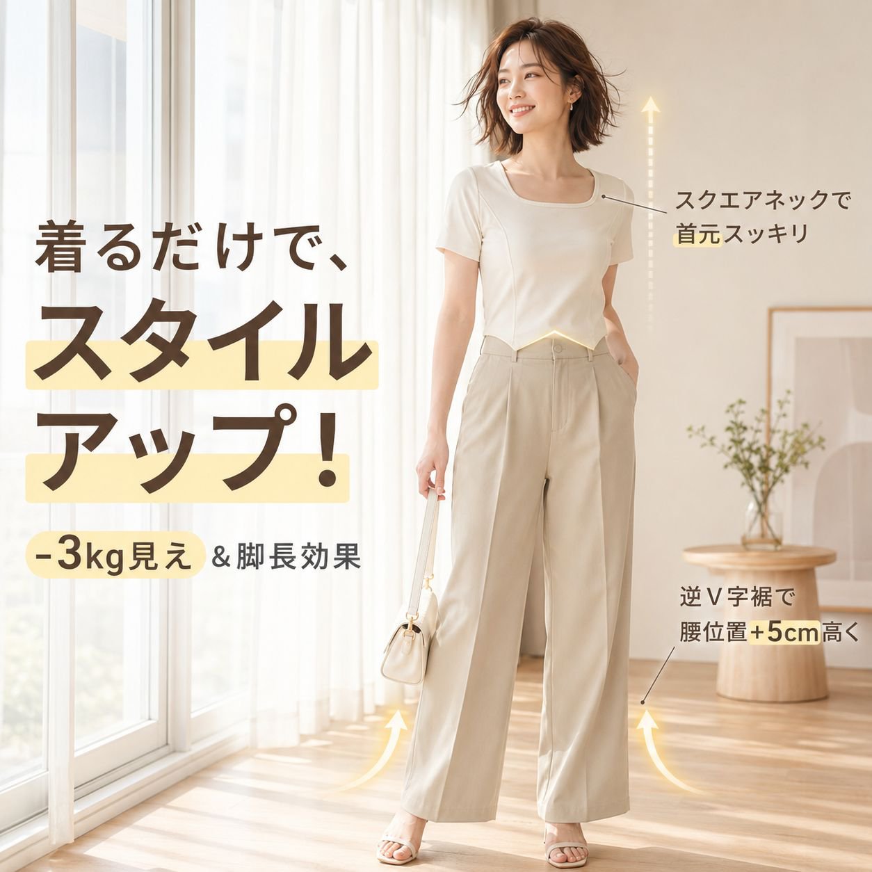 レディース夏スクエアネック無地スリム半袖Tシャツ
