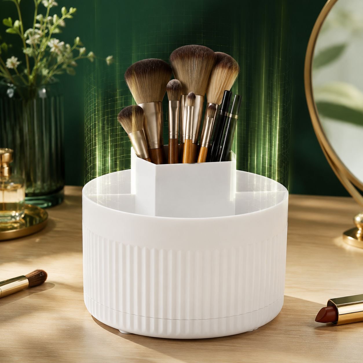 Compact desktop organizer for makeup tools