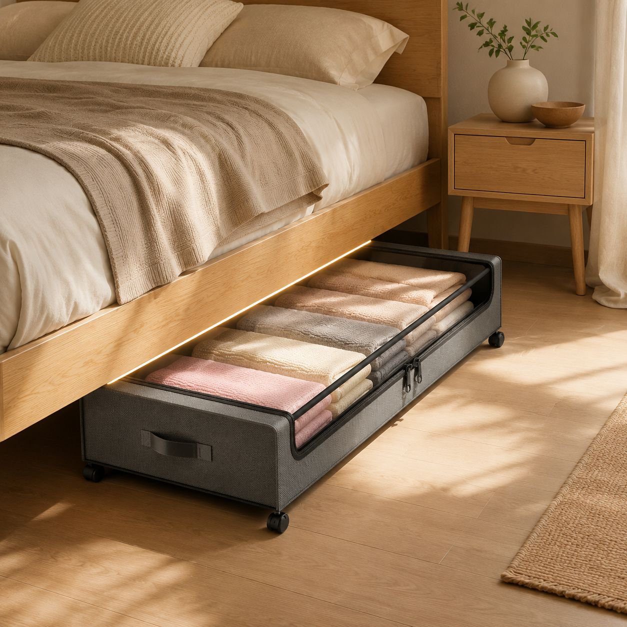 Wheeled, dustproof, covered folding under-bed storage box
