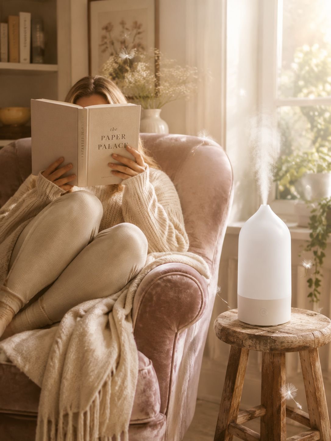 Atmosphere light diffuser on a bedside table