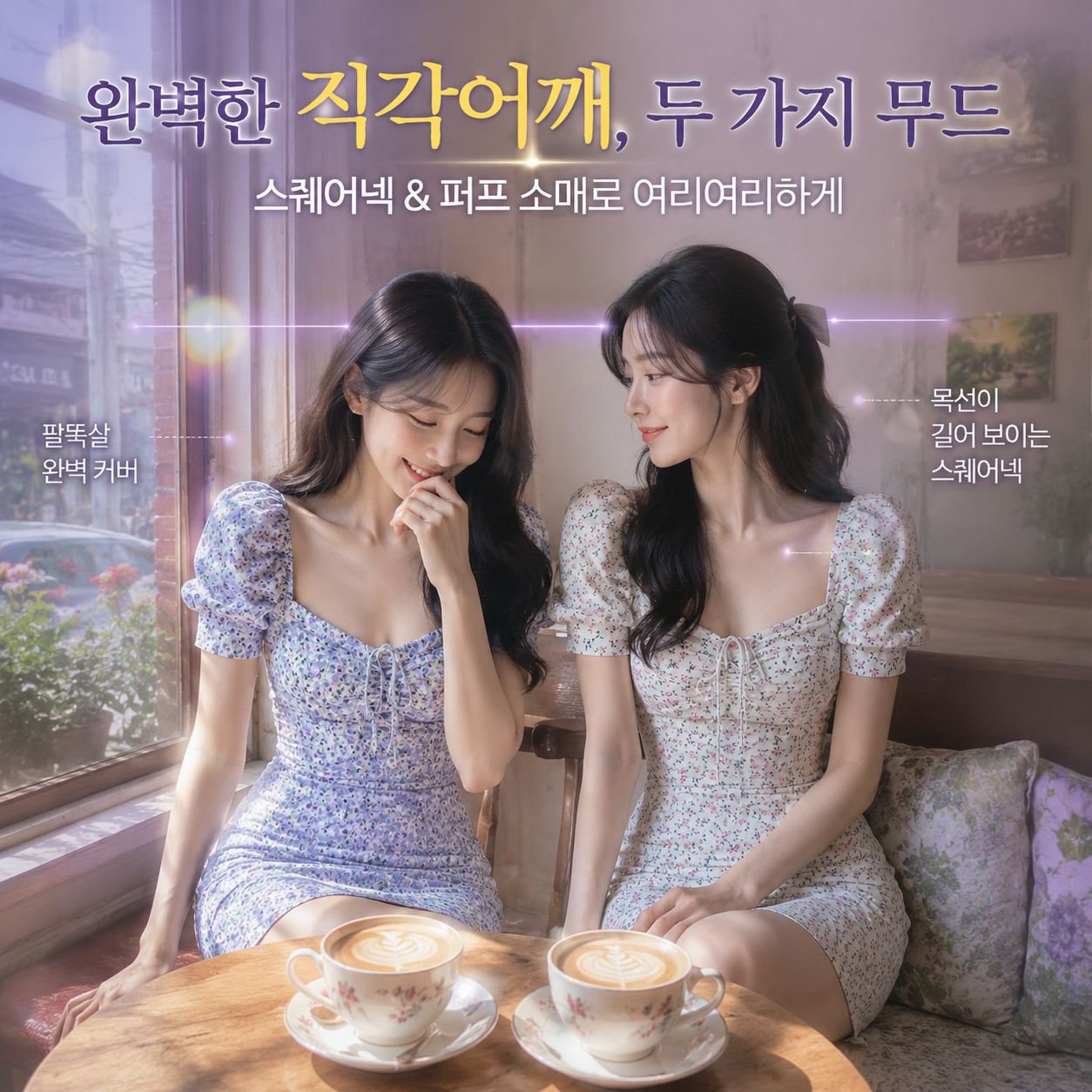 여성 스퀘어넥 쉬폰 플라워 스트링 퍼프 원피스