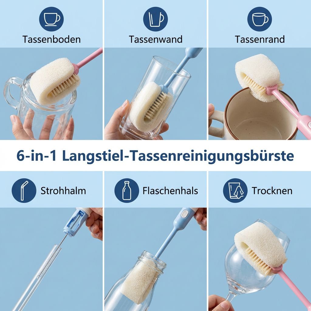 6-in-1 Wasserbecher-Reinigungsbürste mit langem Griff