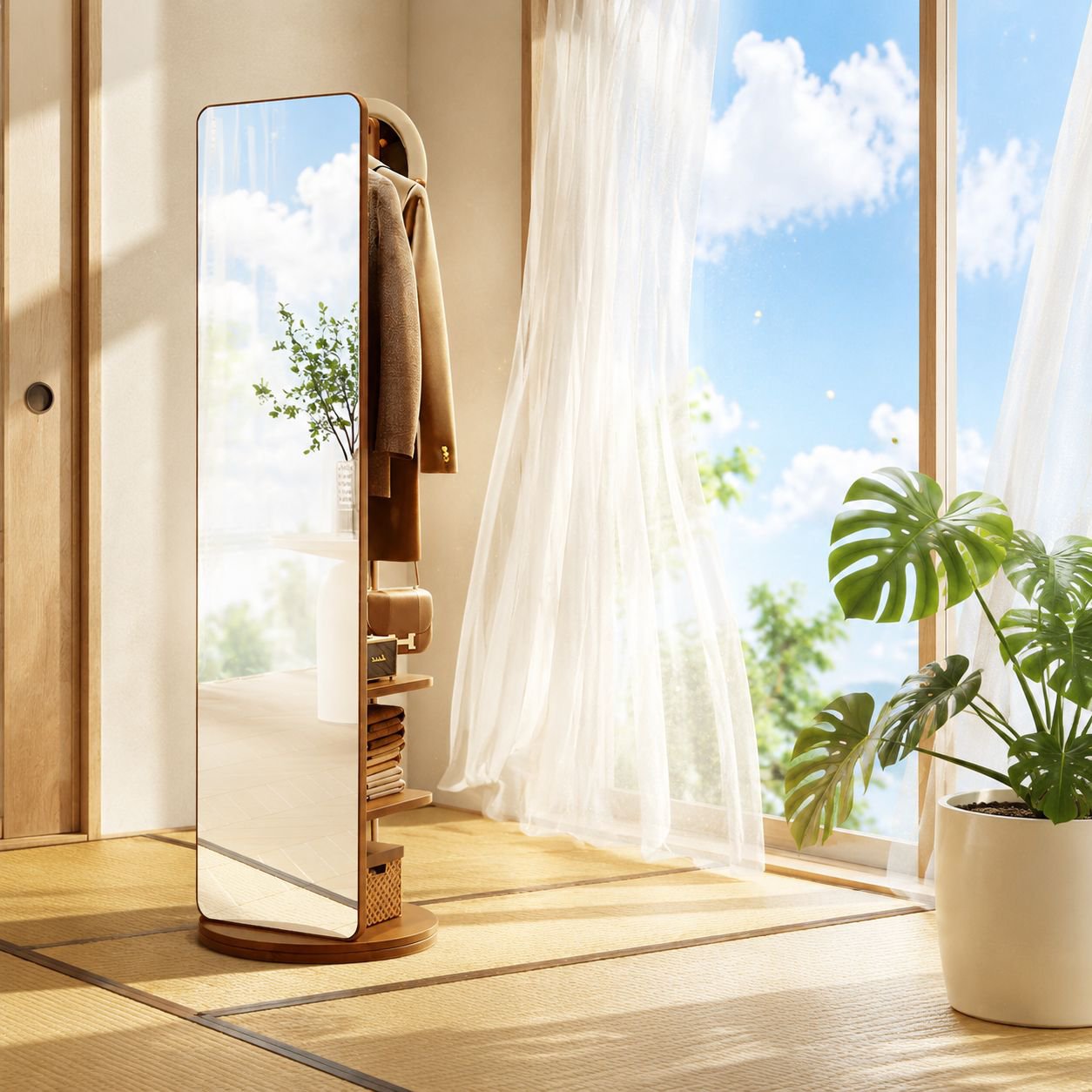 高品質無垢材を使用した全身鏡のディテール