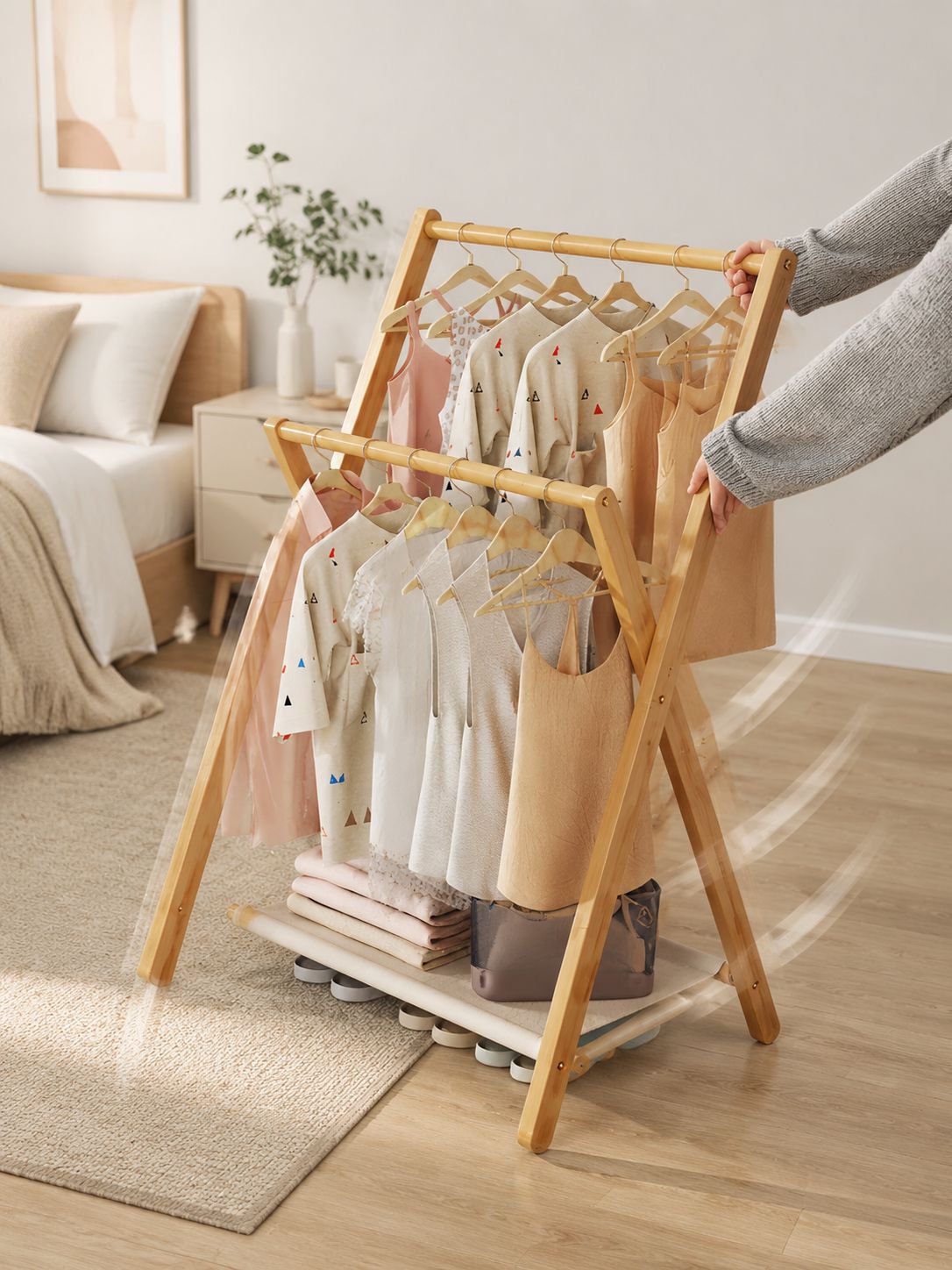 Space-saving bamboo hanger with folding mechanism