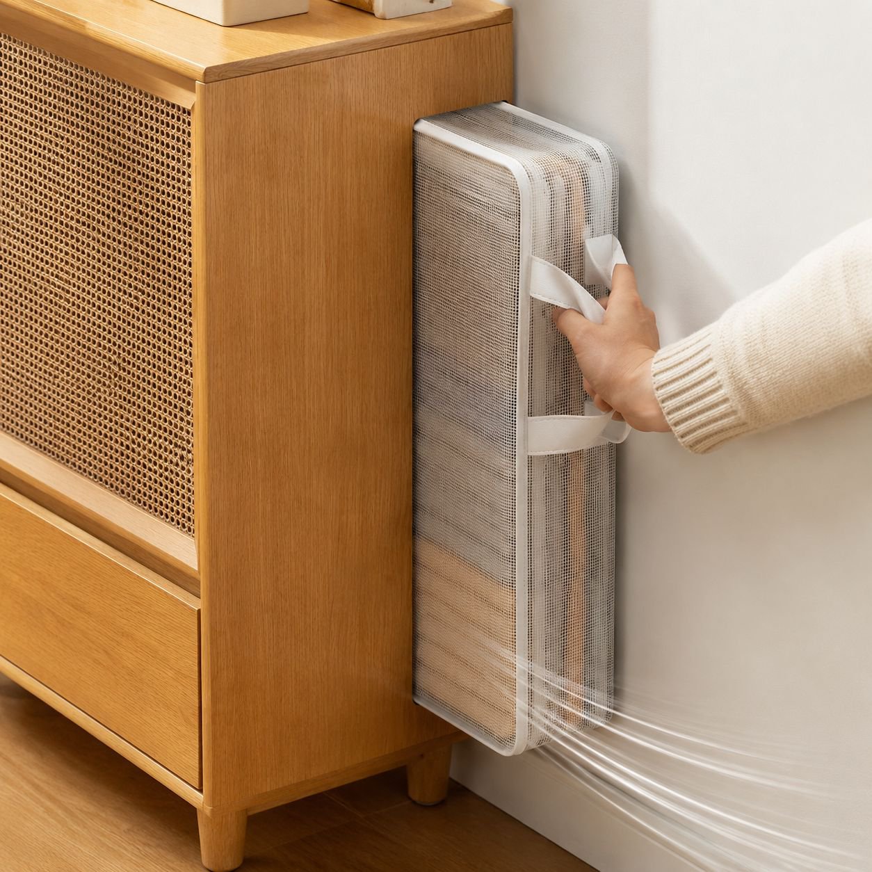 See-through storage box showcasing organized accessories
