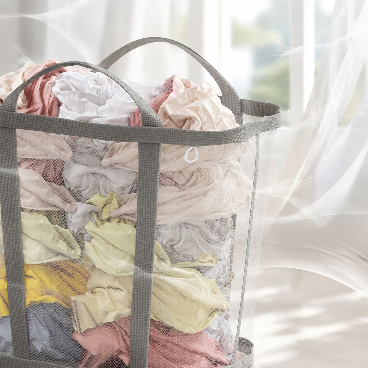 Vue de côté du panier à linge mural pliable pour salle de bain