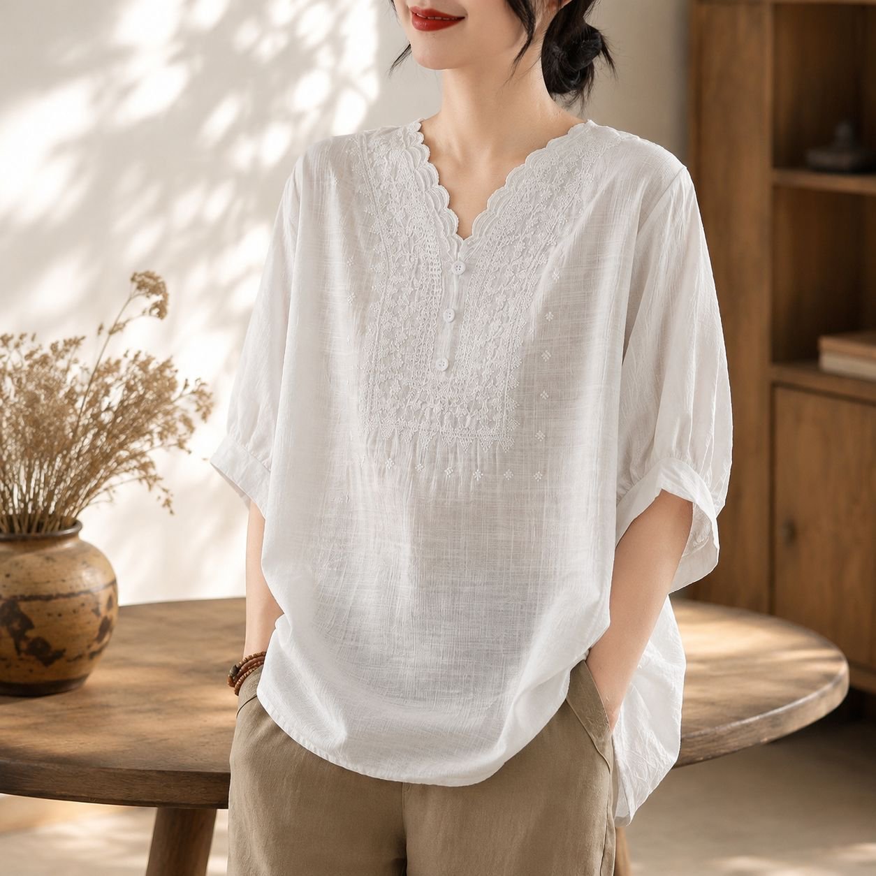 빈티지 루즈핏 여성 브이넥 빅사이즈 여름 상의
