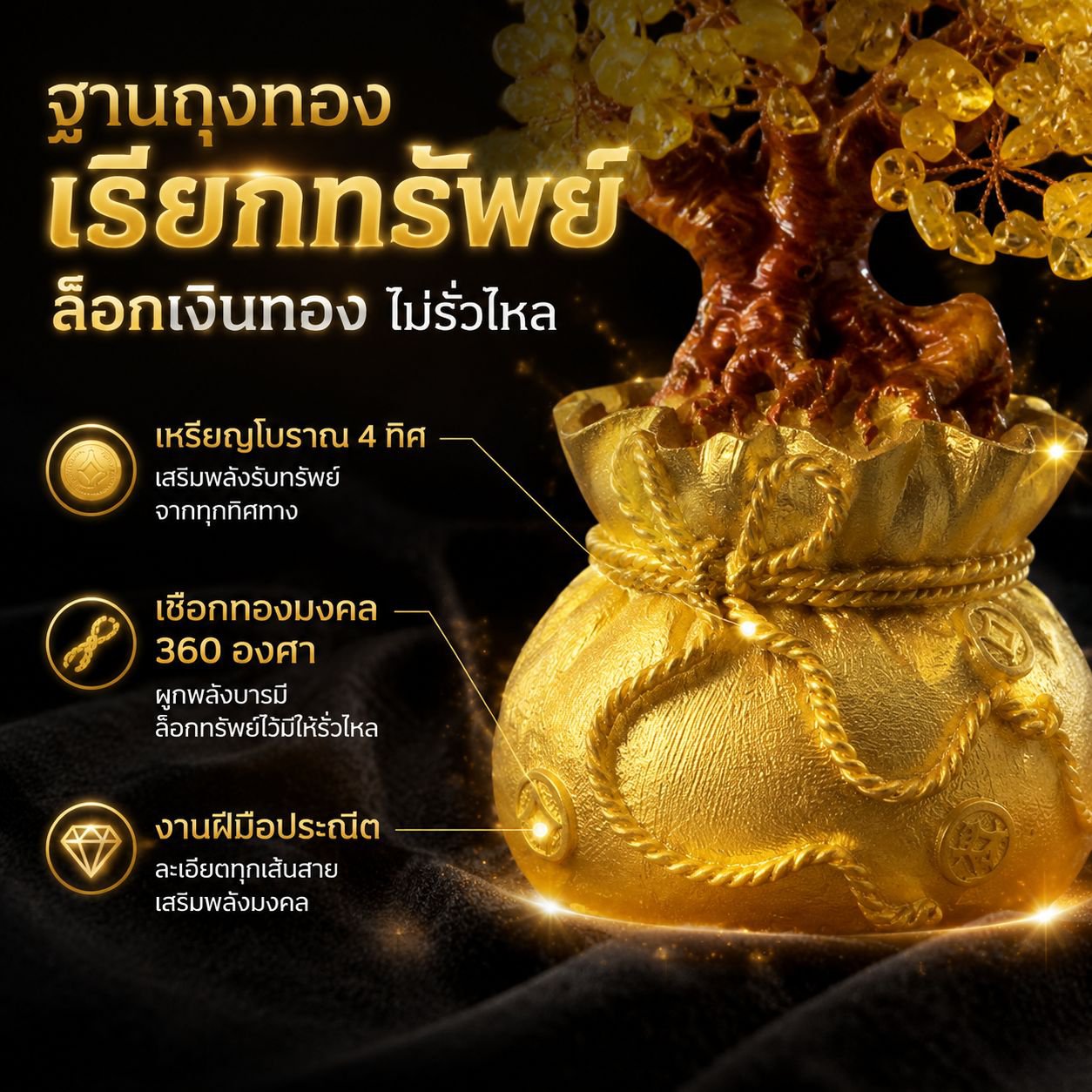 ต้นคริสตัลเหลืองพร้อมถุงเงิน ต้นเงินตกแต่งบ้าน เสริมทรัพย์สินโชคลาภ