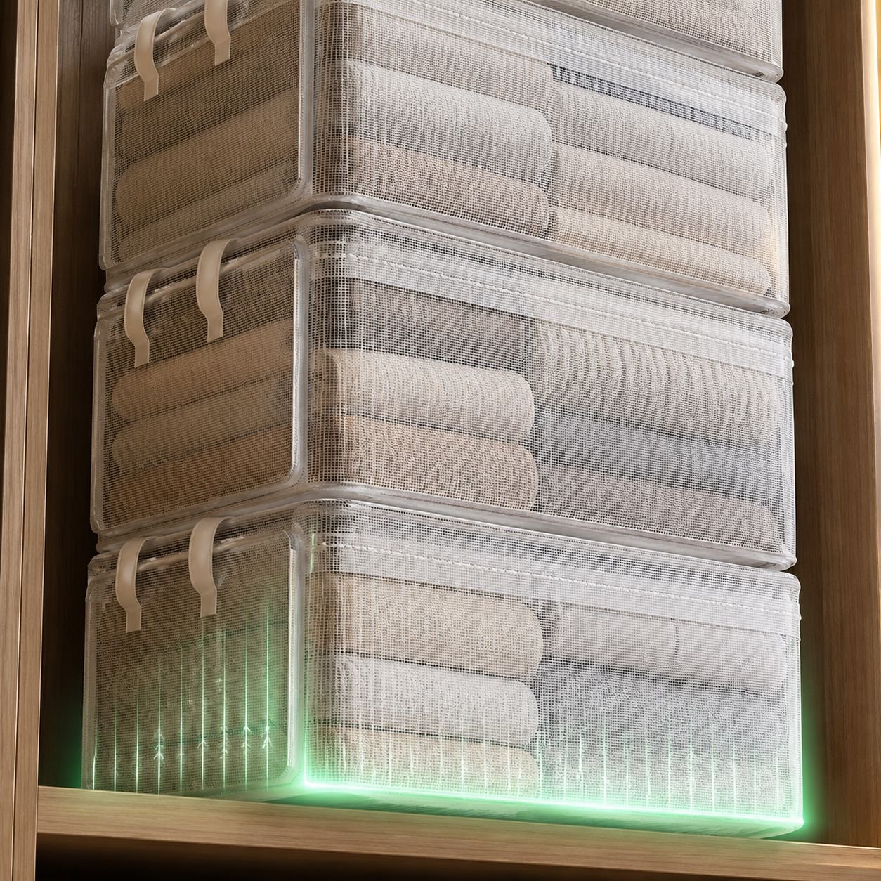 Open transparent storage box showing layered compartments