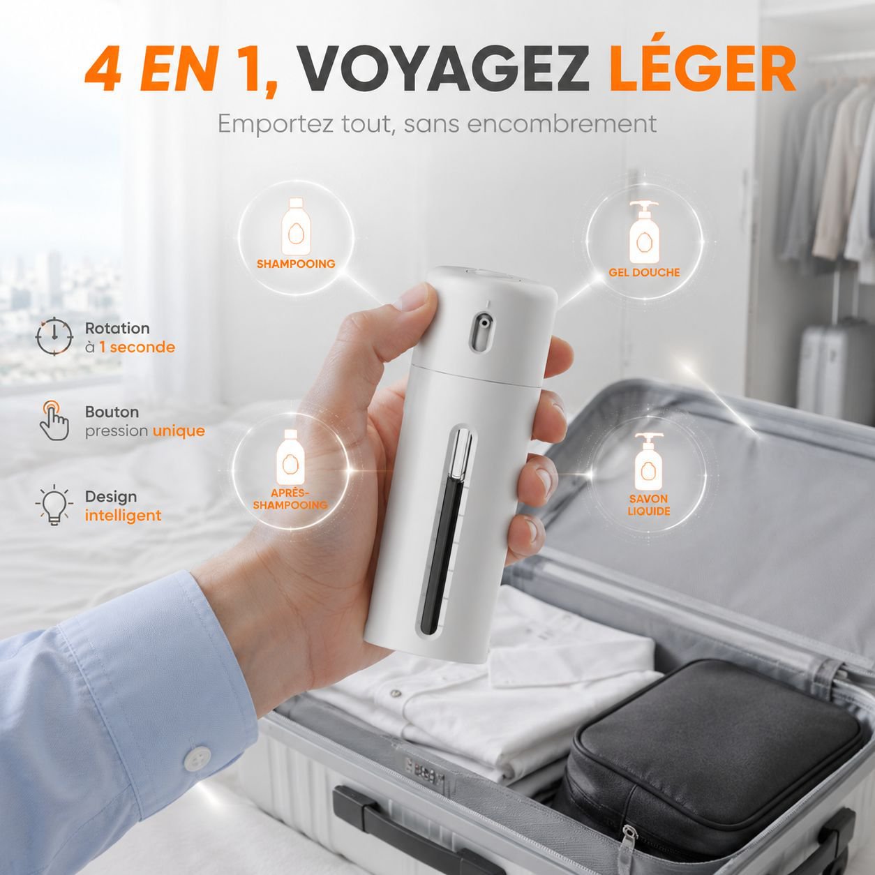 Set de 4 flacons doseurs à pompe pour soins, compatibles bagage cabine