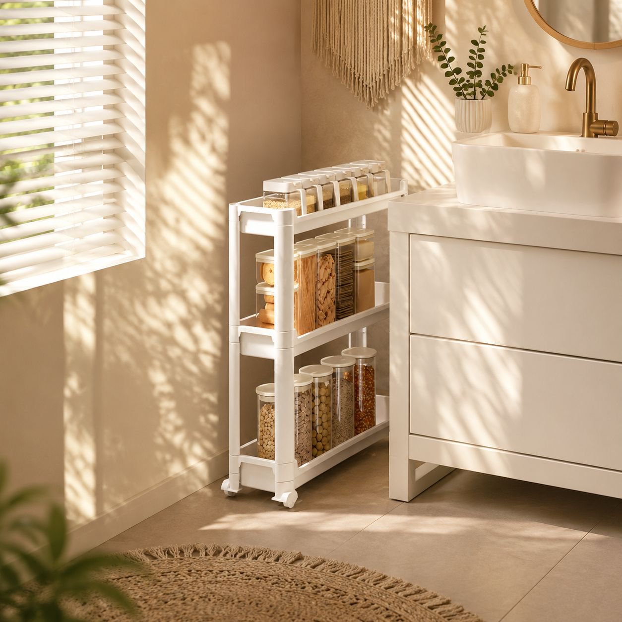 Space-saving bathroom organizer on wheels