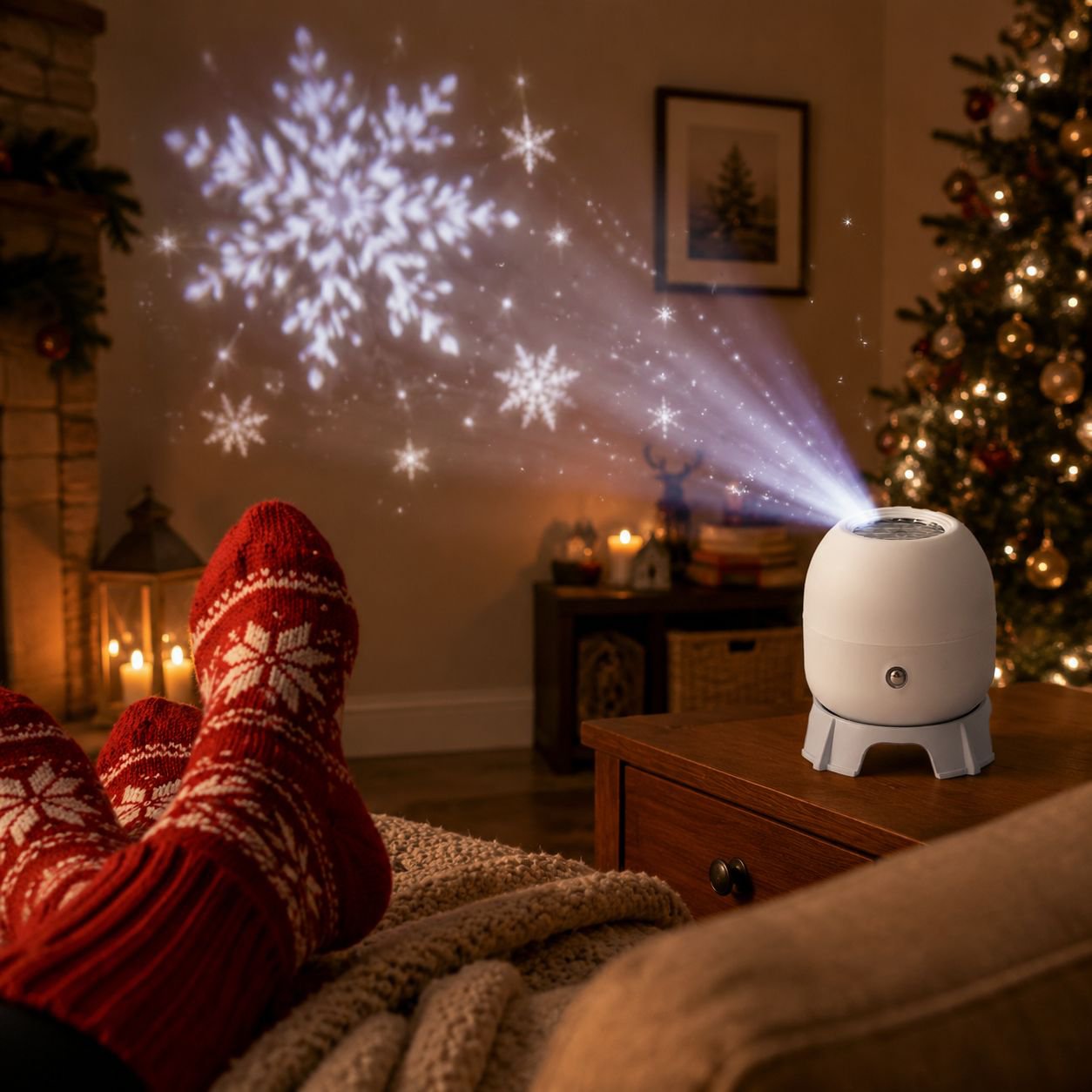 Romantic Starry Sky Rotating Projector Lamp glowing in a dark room