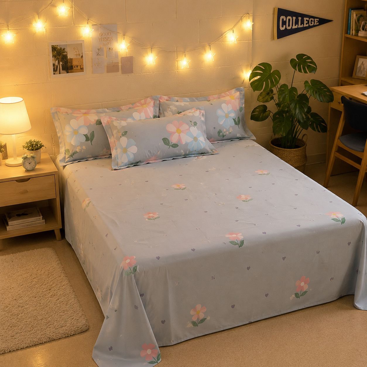 Full view of the bedding set on a home bedroom bed