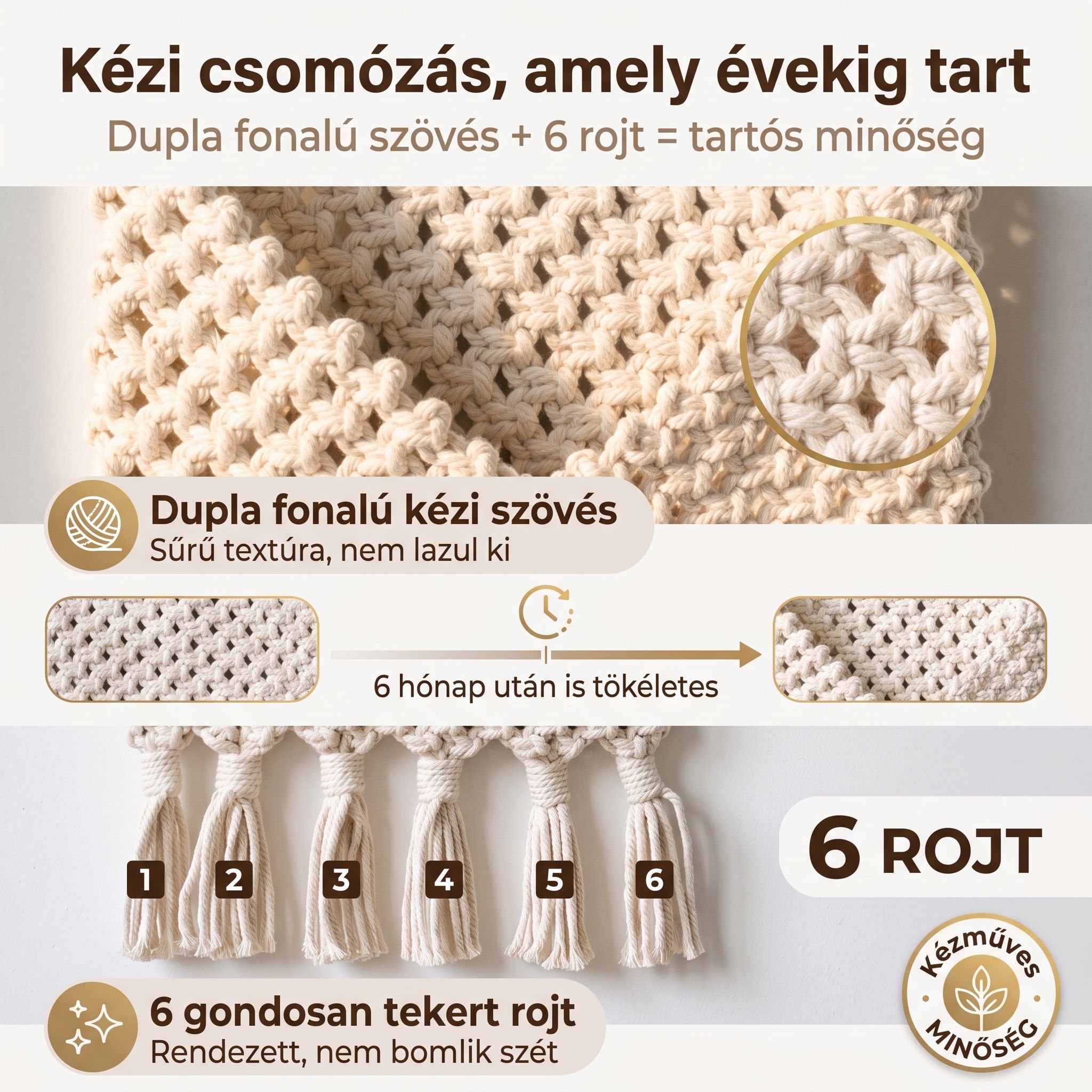 Boho stílusú, kézzel készített fali tároló, hálós kivitelben