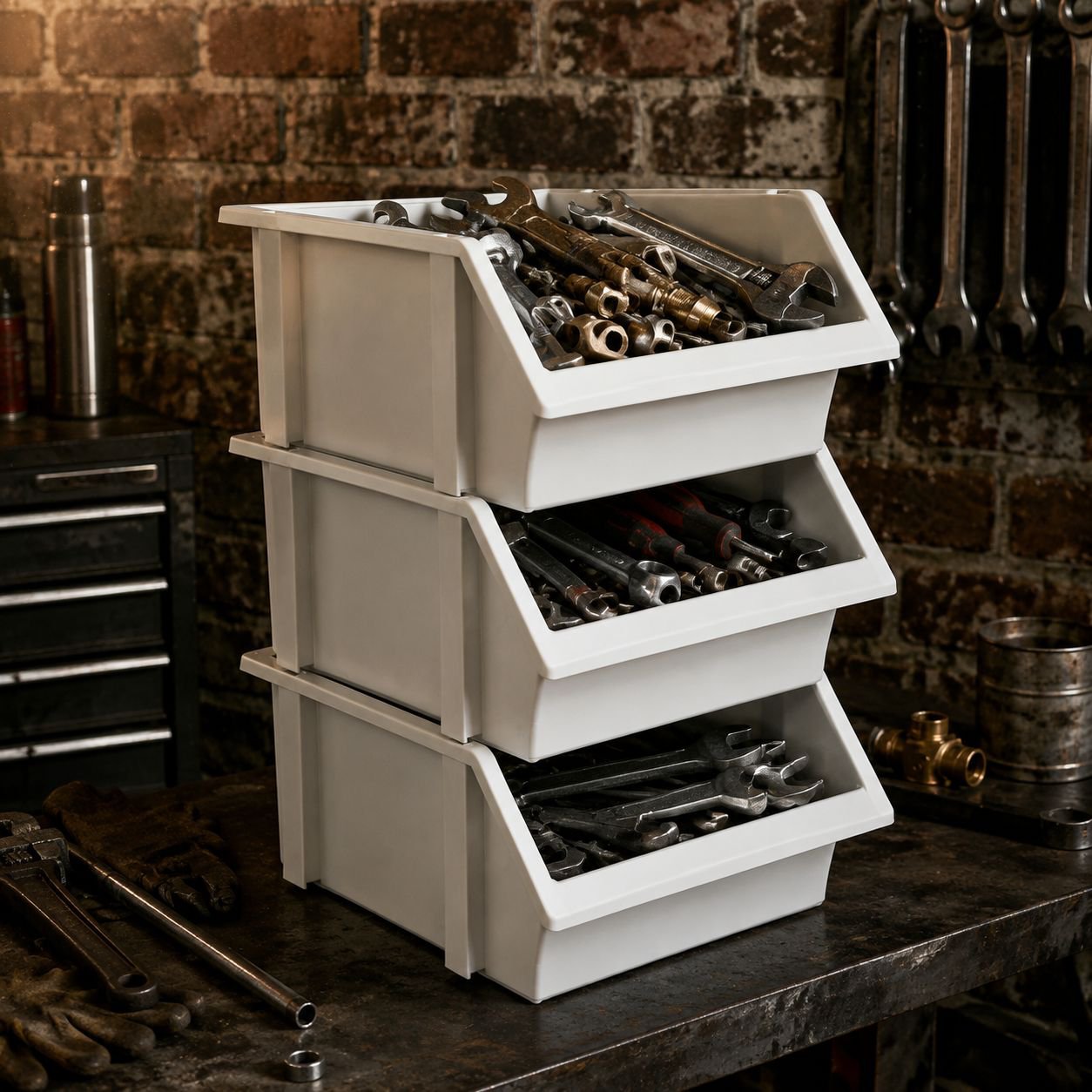 Close-up of stackable desktop organizer compartments