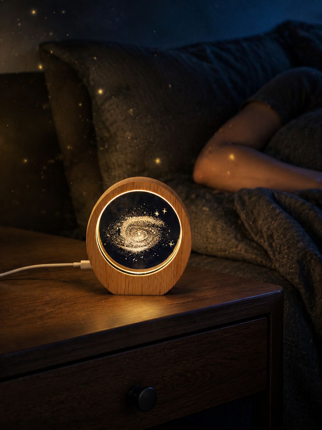 3D Carved Planet Night Light Crystal Ornament on Wooden Base