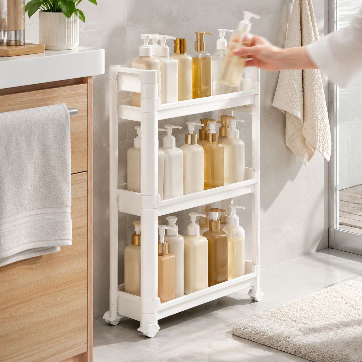 Rolling bathroom rack for toiletries and towels