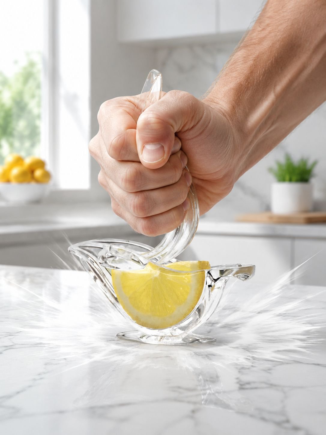 Close-up of lemon juice being extracted in small juicer