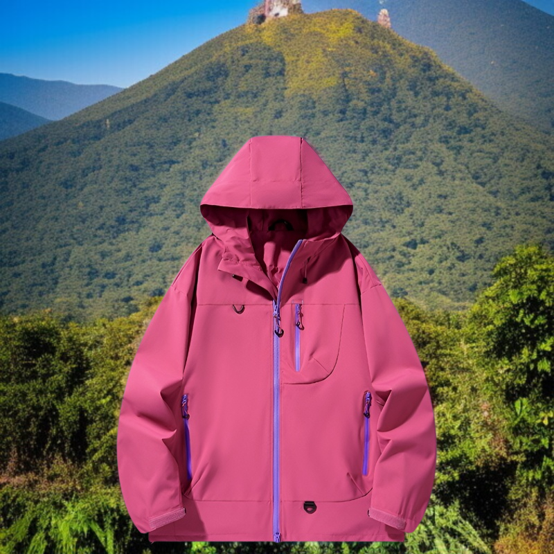 후드가 달린 바람막이 점퍼 착용 모습