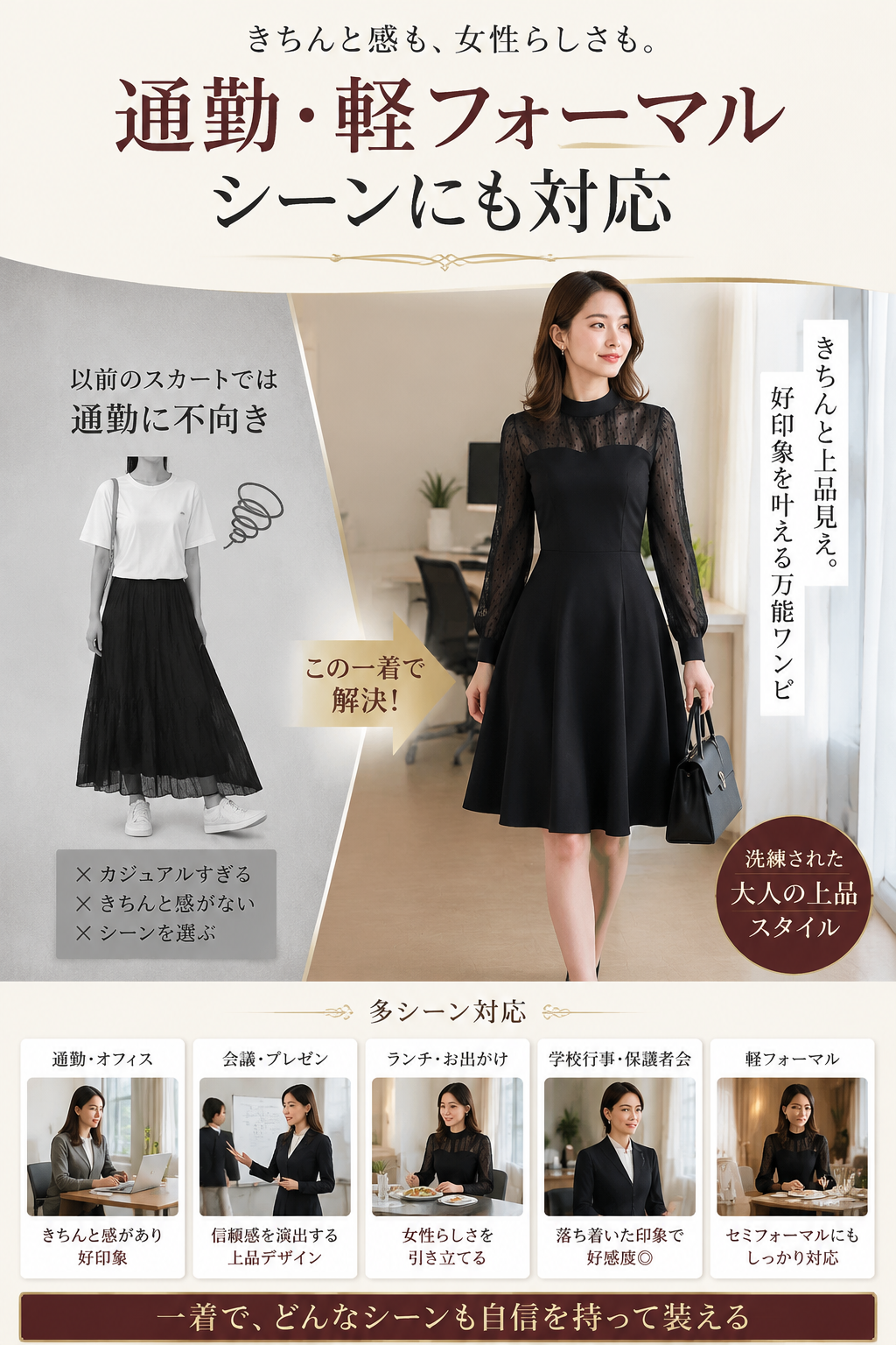 プラスサイズ女性（体重90kgまで）向けの、春秋新作のレースウエストシェイプドレス。スリムに見せ、スタイルアップ効果のある長袖ドレスです。