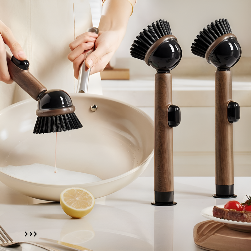 木目調吸盤付き長柄鍋用洗浄ブラシ 液体注入型 キッチン用