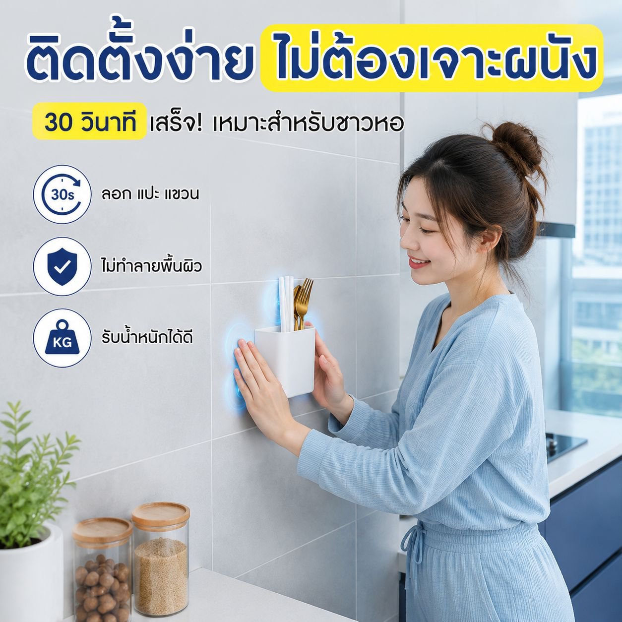 ชั้นวางของอเนกประสงค์ติดผนังสำหรับห้องครัวและห้องน้ำ ติดตั้งแบบไม่ต้องเจาะ