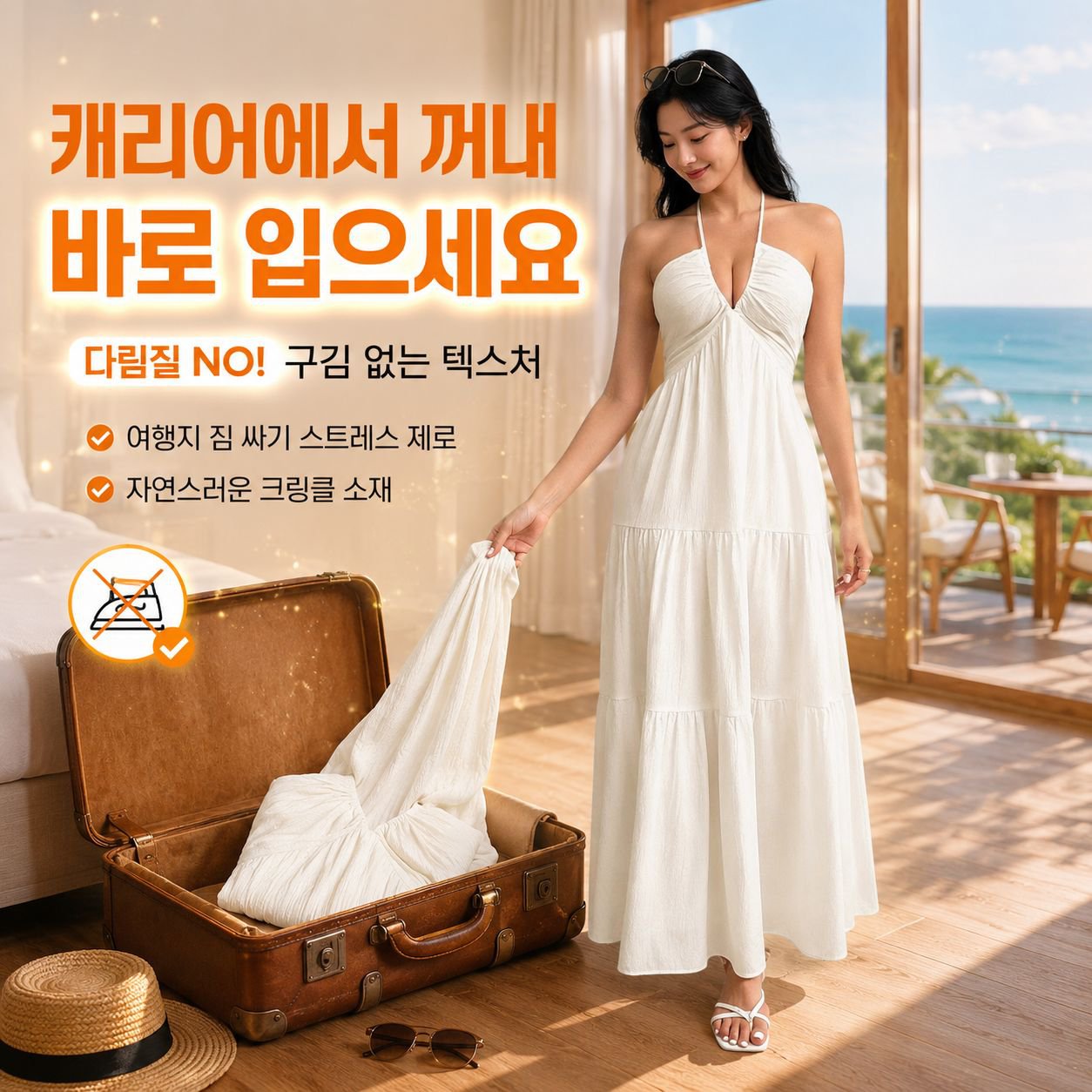 여성 비치 바캉스 A라인 주름 V넥 백리스 원피스