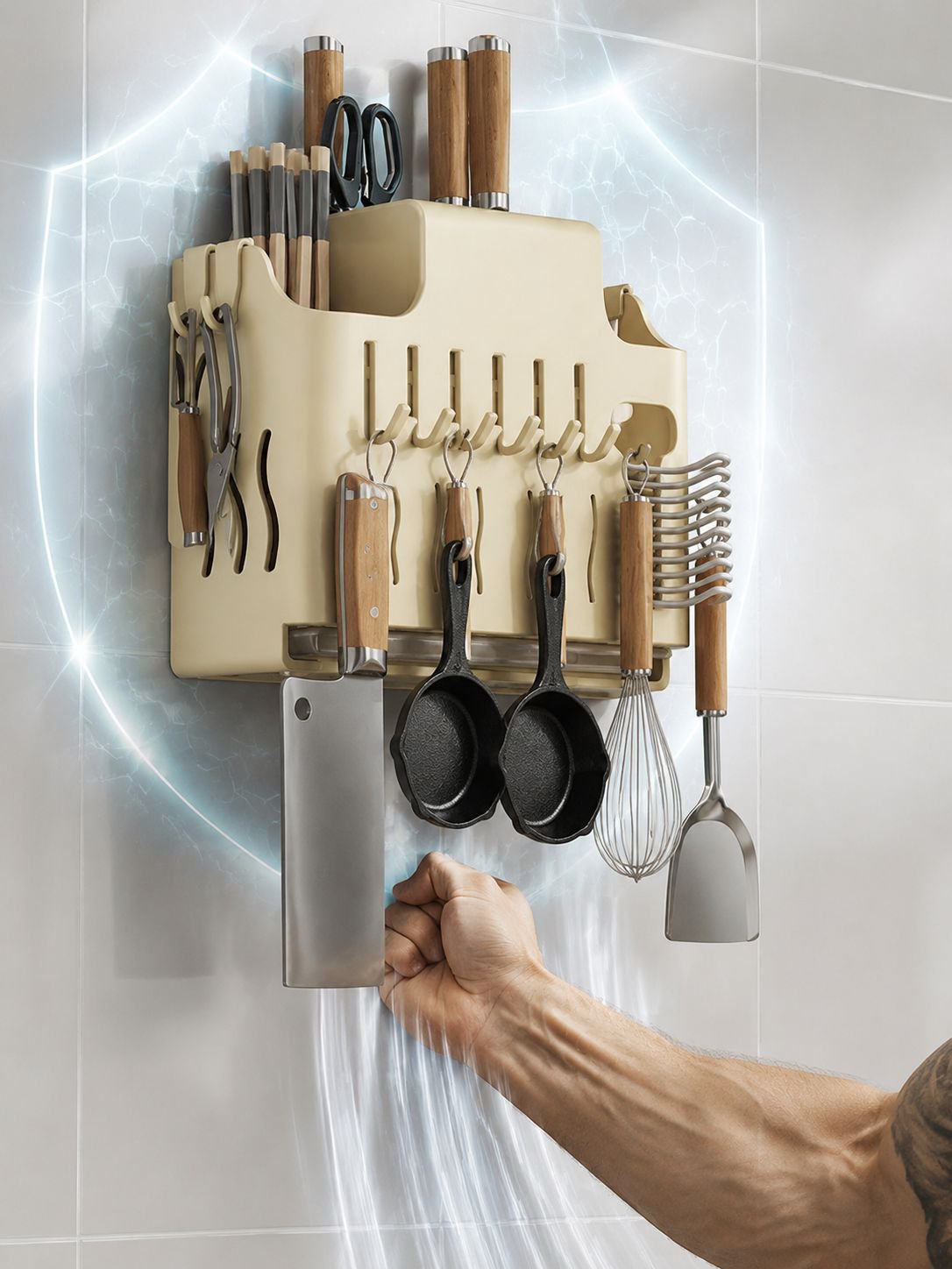Wall mounted rack for pots, pans, and kitchen tools