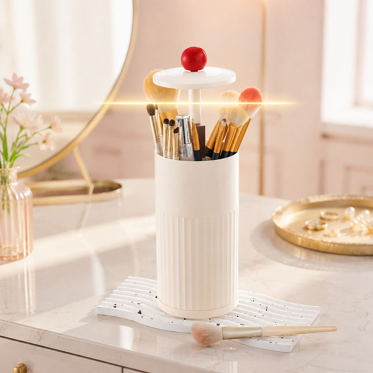 Makeup brushes neatly arranged in cosmetic organizer