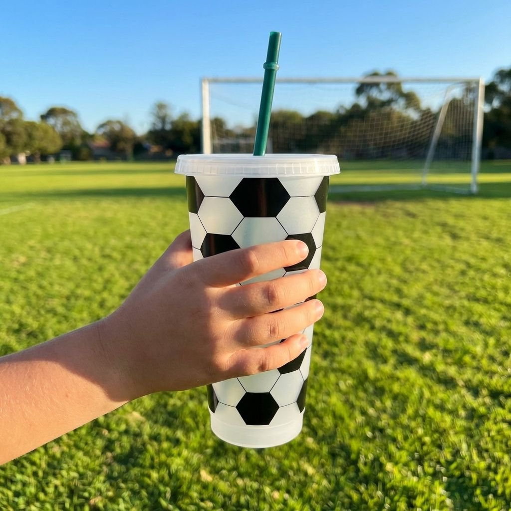 Soccer party cup with secure straw