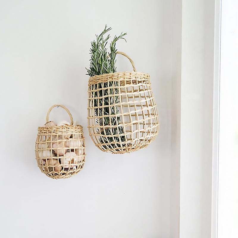 Nordic Woven Rattan Basket for Kitchen Garlic and Ginger Storage, Wall-Mounted Hanging Basket