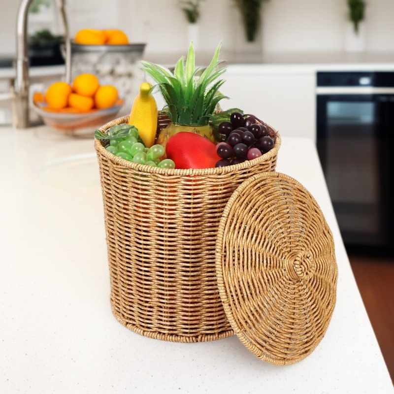 籐編み蓋付き大容量収納かご